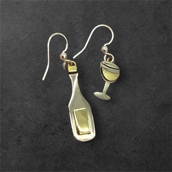Far Fetched Wine Glass Bottle Dangle Earrings Mismatched Design Artisan Silver - Picture 1 of 5